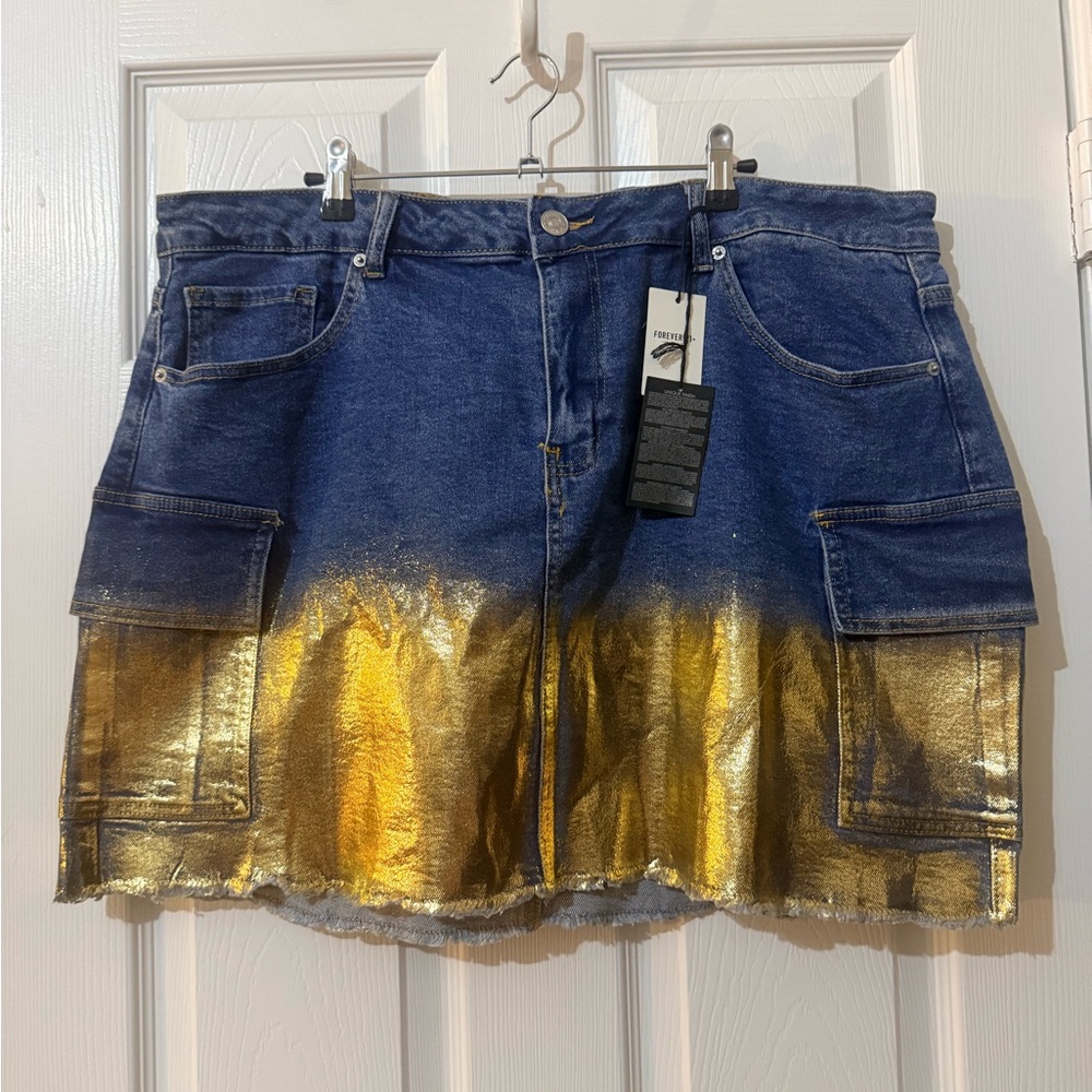 Forever 21 Navy Denim Mini Skirt with Metallic Gold Dip